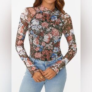 Dealmore Floral Long Sleeve Mesh Top Womens M Lined Thumb Holes Feminine Romance